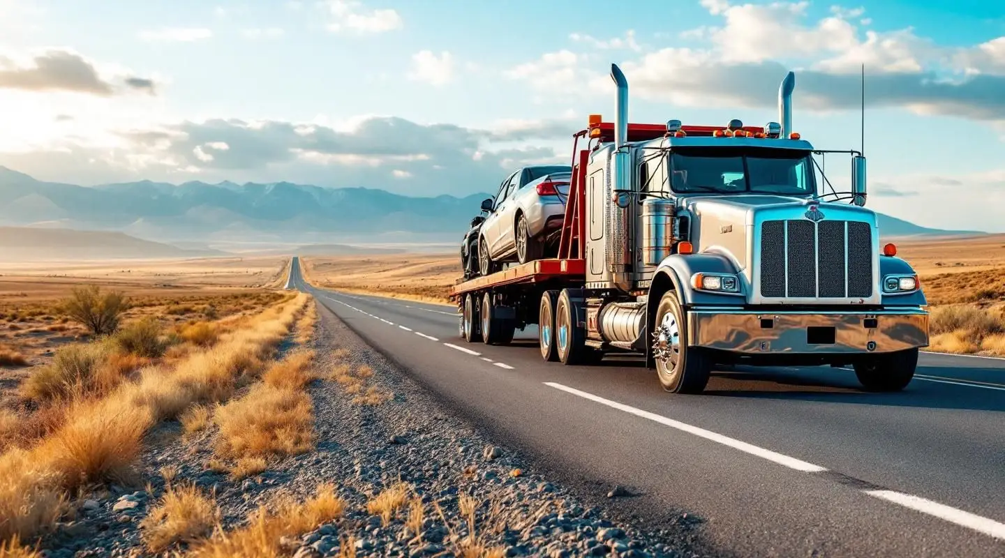 A flatbed tow truck transporting a sedan on the highway near Philadelphia, professional vehicle relocation.