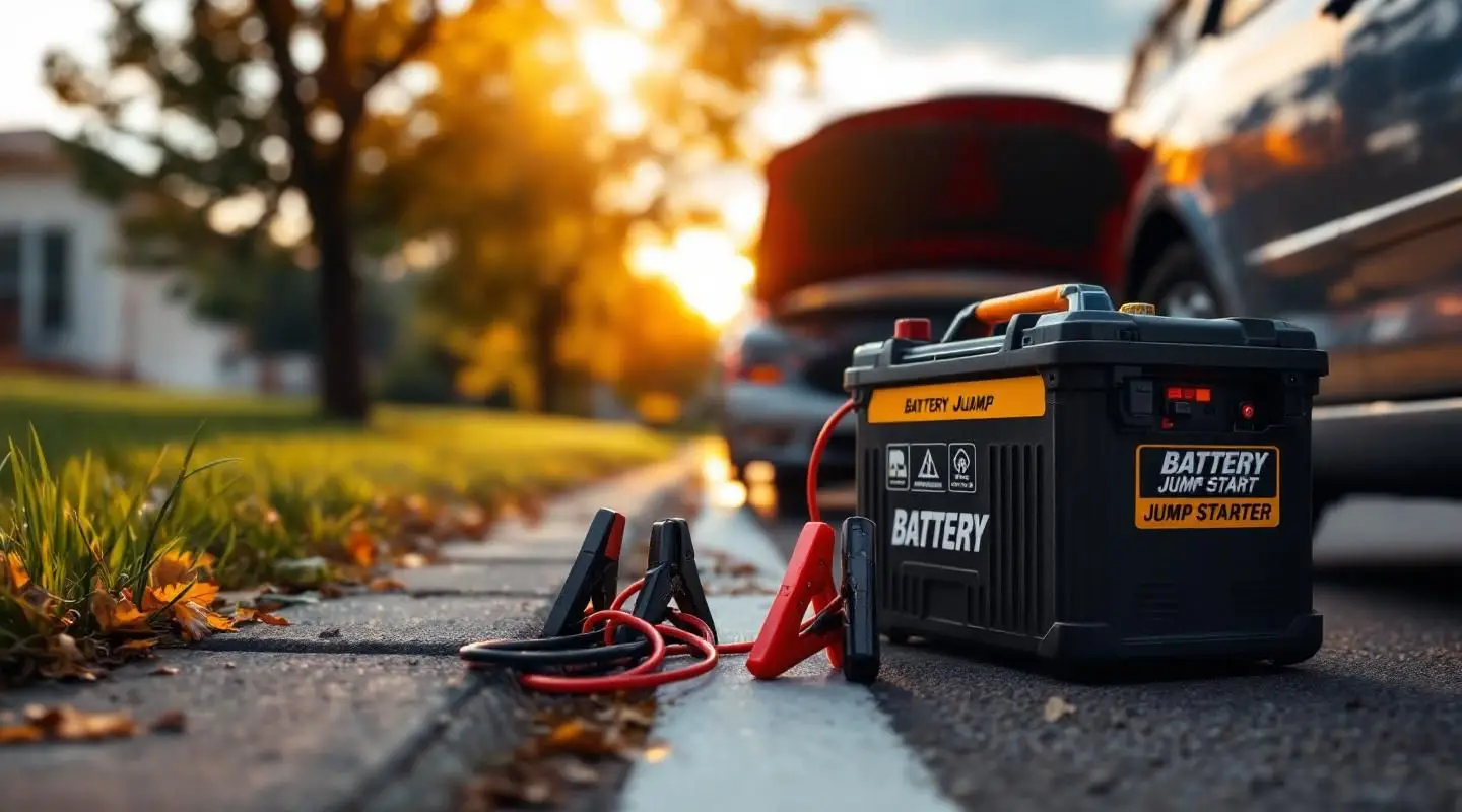Professional tow operator using a heavy-duty jump box to start a stranded car on a Philadelphia roadside at dusk.