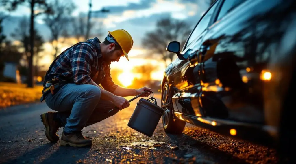 A professional tow operator using specialized lockout tools to safely unlock a sedan door on a Norristown street at dusk.