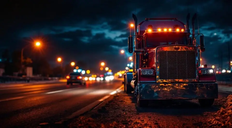 Flatbed tow truck with flashing amber lights on a wet Philadelphia street at night, creating a safe and reassuring mood.