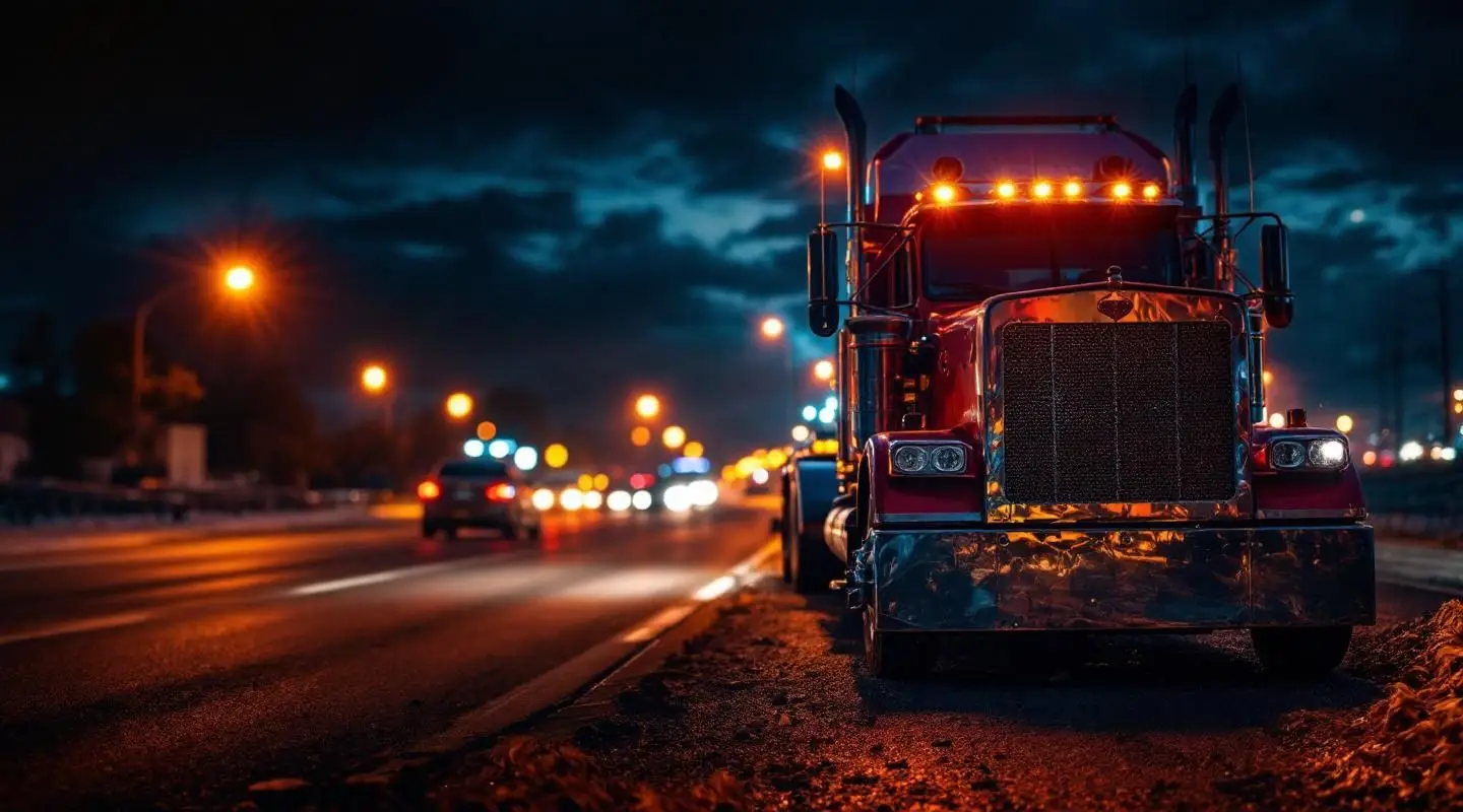 Flatbed tow truck with flashing amber lights on a wet Philadelphia street at night, creating a safe and reassuring mood.