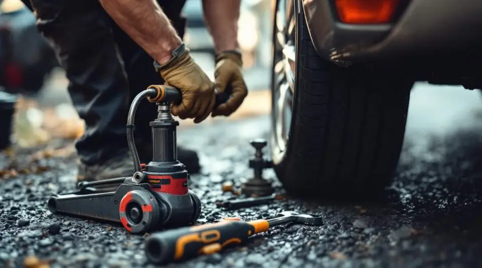 A professional tow operator in a high-visibility vest changing a flat tire on a sedan along a busy Philadelphia highway shoulder.