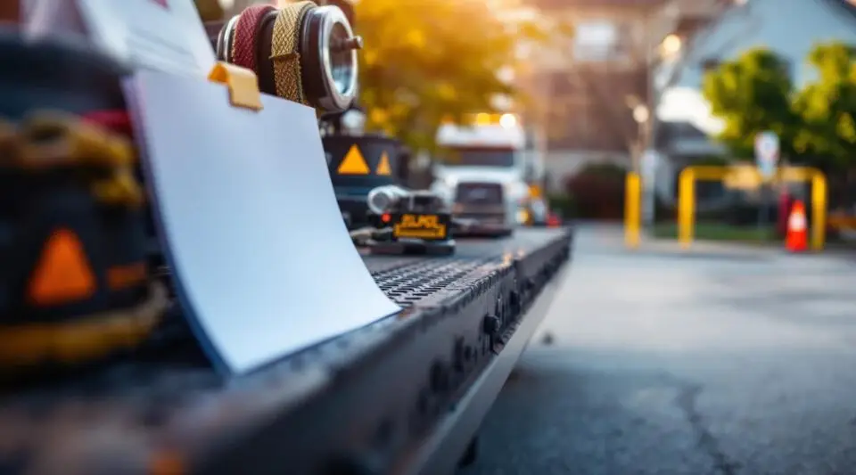 Skye's Towing flatbed truck removing an illegally parked car from a private commercial lot in Philadelphia at dusk