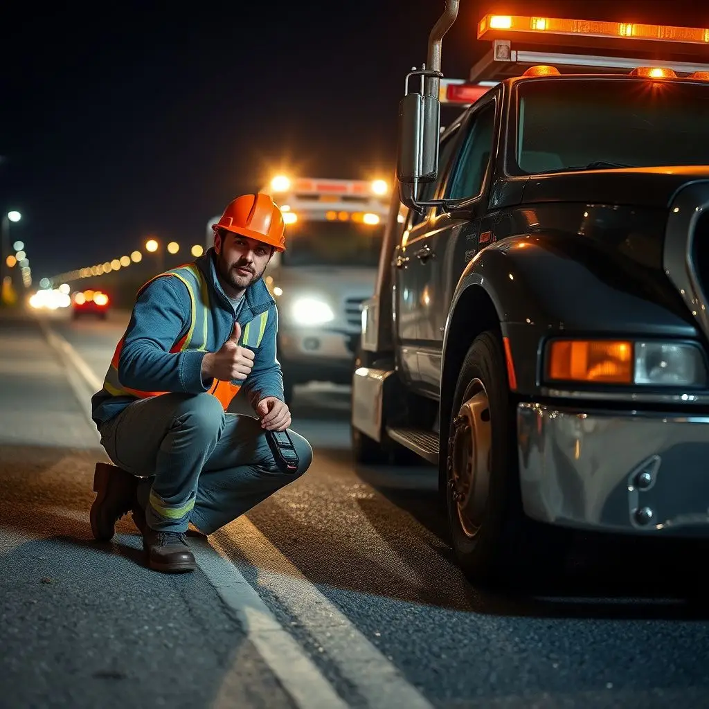 A professional tow operator checking the secure tie-down straps on a vehicle secured to a flatbed in Cherry Hill