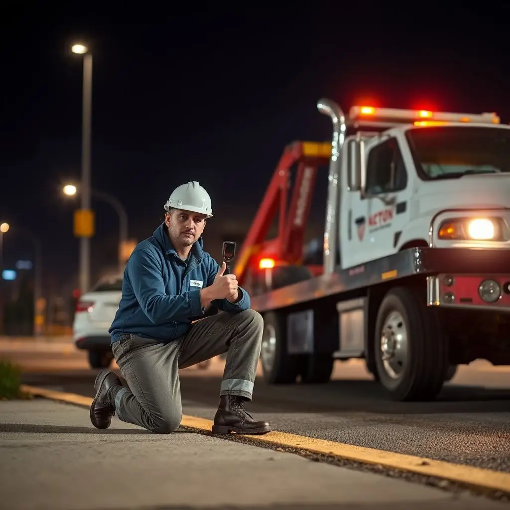 A modern flatbed tow truck parked safely on the side of a Camden road with safety cones placed behind it